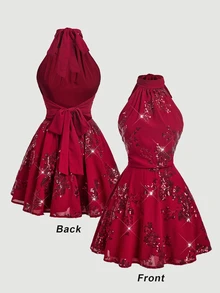 SHEIN MOD 女款性感辣妹亮片抓褶掛脖綁帶洋裝 - 酒紅色 - 查看 2