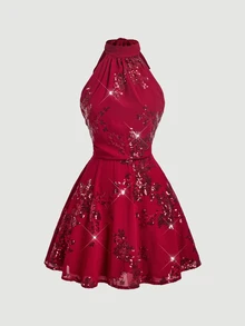 SHEIN MOD 女款性感辣妹亮片抓褶掛脖綁帶洋裝 - 酒紅色 - 查看 6