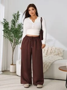 Solflare New F/W Plus Size Brown Irregular Textured Woven Drawstring Pocket Loose Pants For Outings, School, Home, Birthdays, Dates, Work & Casual Wear - Multicolor - View 5
