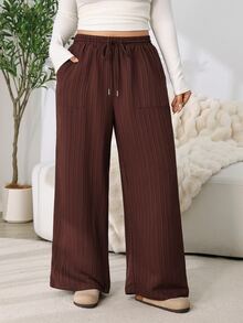 Solflare New F/W Plus Size Brown Irregular Textured Woven Drawstring Pocket Loose Pants For Outings, School, Home, Birthdays, Dates, Work & Casual Wear - Multicolor - View 3
