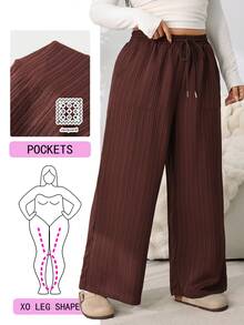 Solflare New F/W Plus Size Brown Irregular Textured Woven Drawstring Pocket Loose Pants For Outings, School, Home, Birthdays, Dates, Work & Casual Wear - Multicolor - View 1