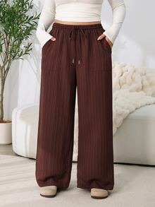 Solflare New F/W Plus Size Brown Irregular Textured Woven Drawstring Pocket Loose Pants For Outings, School, Home, Birthdays, Dates, Work & Casual Wear - Multicolor - View 4
