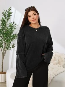 Solflare Plus Size Simple Fashion Crew Neck Long Sleeve T-Shirt For Daily Wear - Black - View 4