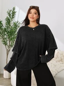 Solflare Plus Size Simple Fashion Crew Neck Long Sleeve T-Shirt For Daily Wear - Black - View 3