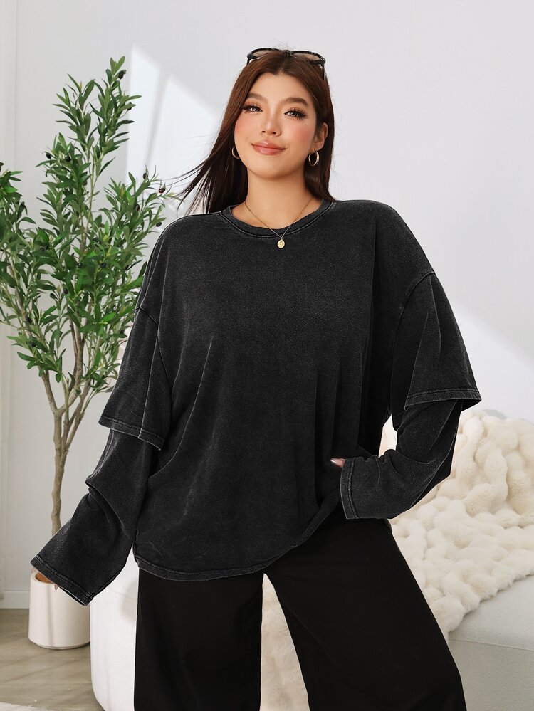 Solflare Camiseta de manga larga con cuello redondo de moda sencilla para uso diario en tallas grandes - Negro - Añade 3