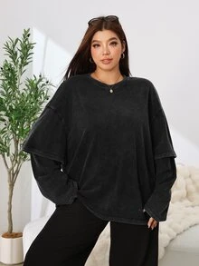 Solflare Plus Size Simple Fashion Crew Neck Long Sleeve T-Shirt For Daily Wear - Black - View 5