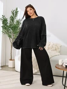 Solflare Plus Size Simple Fashion Crew Neck Long Sleeve T-Shirt For Daily Wear - Black - View 6