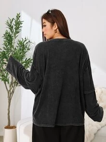 Solflare Plus Size Simple Fashion Crew Neck Long Sleeve T-Shirt For Daily Wear - Black - View 2