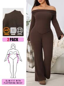 Solflare Plus Size Streetwear Asymmetrical Hem Off-Shoulder Top And Flared Long Pants 2 Pieces Set - Coffee Brown - View 1