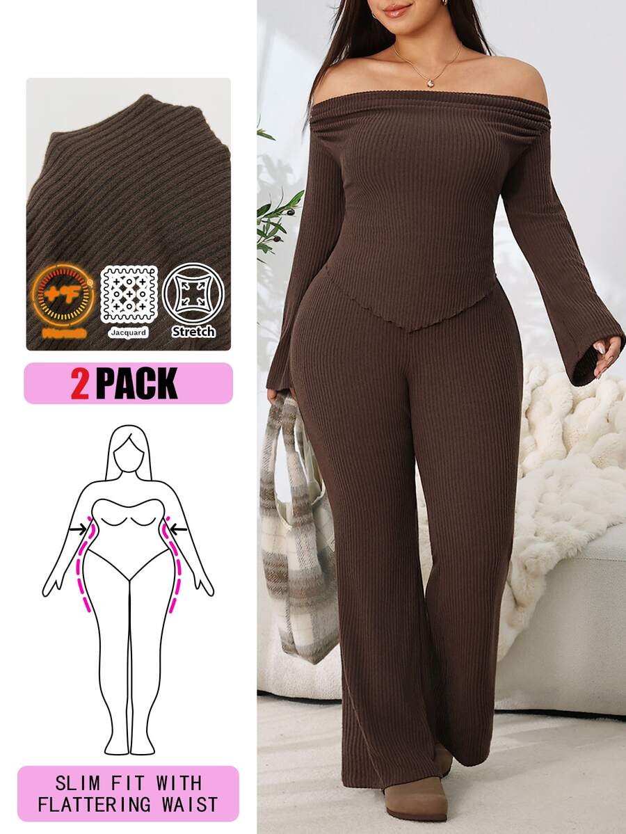 Solflare Plus Size Streetwear Asymmetrical Hem Off-Shoulder Top And Flared Long Pants 2 Pieces Set - Coffee Brown - View 1