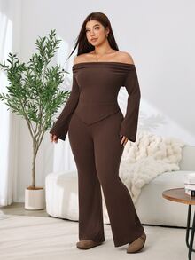 Solflare Plus Size Streetwear Asymmetrical Hem Off-Shoulder Top And Flared Long Pants 2 Pieces Set - Coffee Brown - View 5