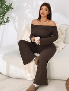 Solflare Plus Size Streetwear Asymmetrical Hem Off-Shoulder Top And Flared Long Pants 2 Pieces Set - Coffee Brown - View 4