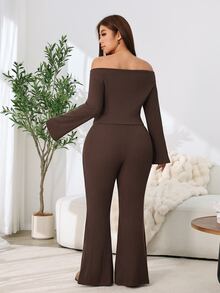 Solflare Plus Size Streetwear Asymmetrical Hem Off-Shoulder Top And Flared Long Pants 2 Pieces Set - Coffee Brown - View 2