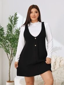 Solflare Plus Size Minimalist Frill Trim Top And Button Dress 2 Pieces Set - Multicolor - View 3