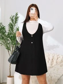 Solflare Plus Size Minimalist Frill Trim Top And Button Dress 2 Pieces Set - Multicolor - View 5