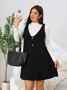 Solflare Plus Size Minimalist Frill Trim Top And Button Dress 2 Pieces Set - Multicolor - View 6