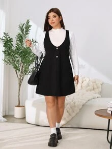 Solflare Plus Size Minimalist Frill Trim Top And Button Dress 2 Pieces Set - Multicolor - View 4