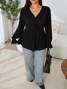Solflare Plus Size Front Knot Ruched V-Neck Elegant T-Shirt - Black - View 6