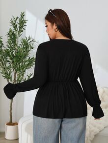 Solflare Plus Size Front Knot Ruched V-Neck Elegant T-Shirt - Black - View 2