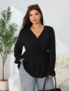 Solflare Plus Size Front Knot Ruched V-Neck Elegant T-Shirt - Black - View 3