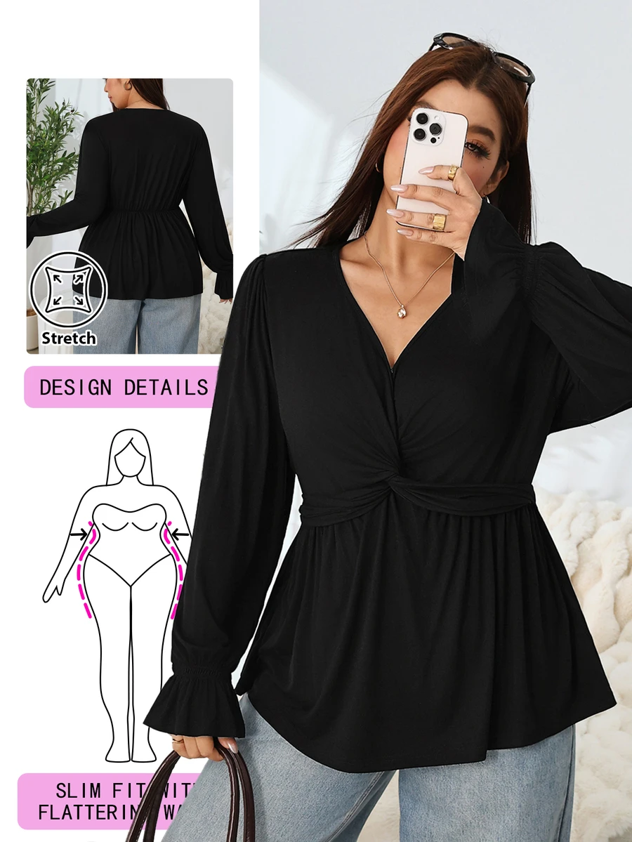Solflare Plus Size Front Knot Ruched V-Neck Elegant T-Shirt - Black - View 1