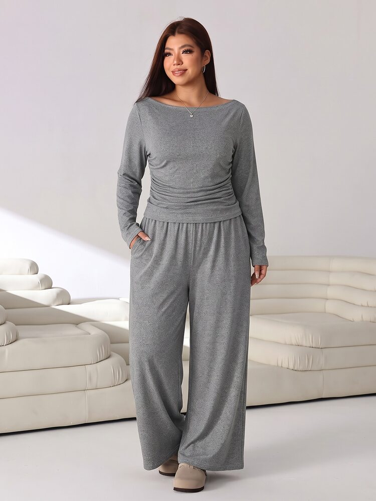 Solflare Plus Size Minimalist Long Sleeve Top And Loose Pocket Pants 2 Pieces Set - Mocha Brown - View 4