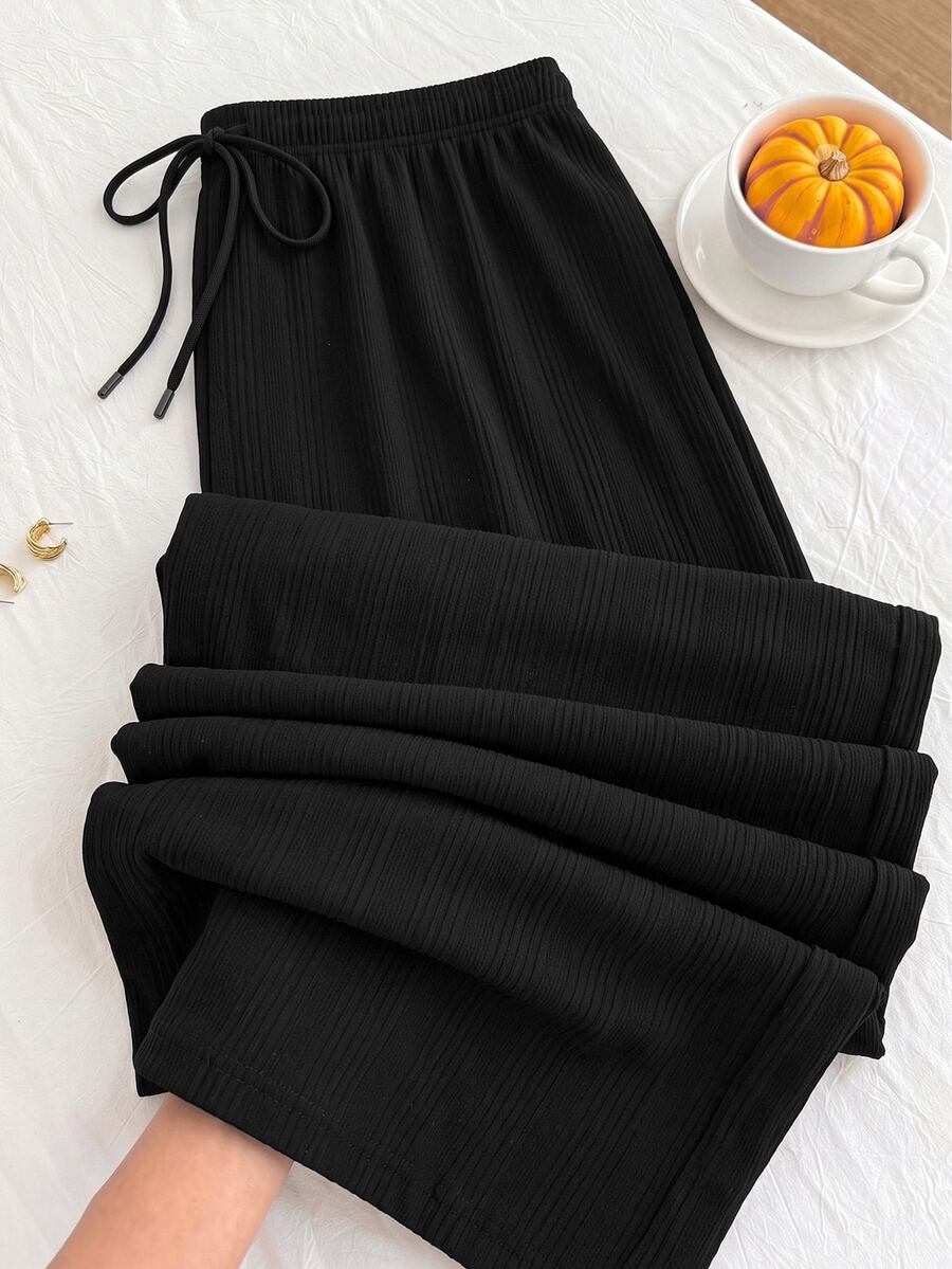 Solflare Plus Size Women's Solid Color Drawstring Waist Wide Leg Loose Casual Long Pants - Coffee Brown - View 1