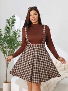 Solflare 新款 F/W 大尺碼復古學院風格紋針織短吊帶裙，適合外出、學校、工作、生日、約會與休閒穿著 - 彩色 - 查看 3