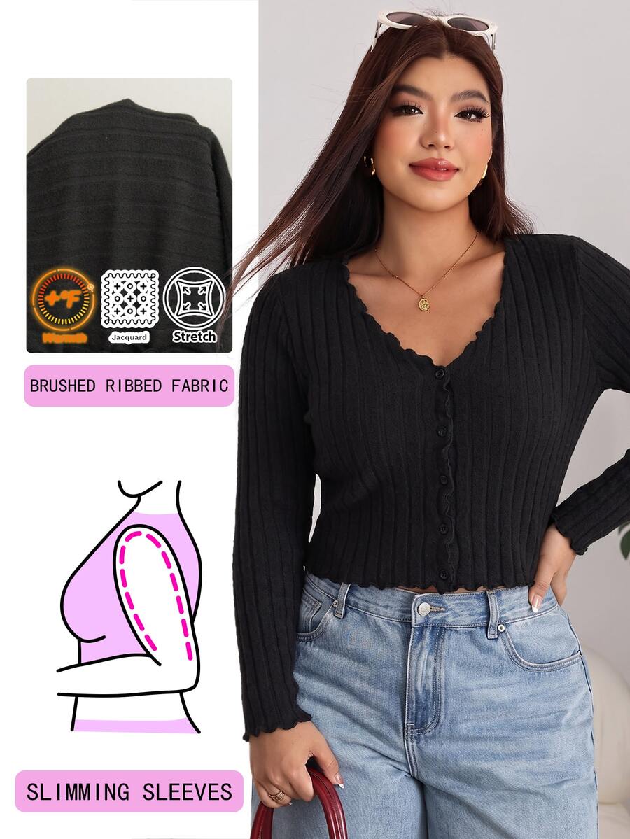 Solflare Plus Size Women's Solid Color Long Sleeve Single-Breasted Casual Top Fall - Black - View 1