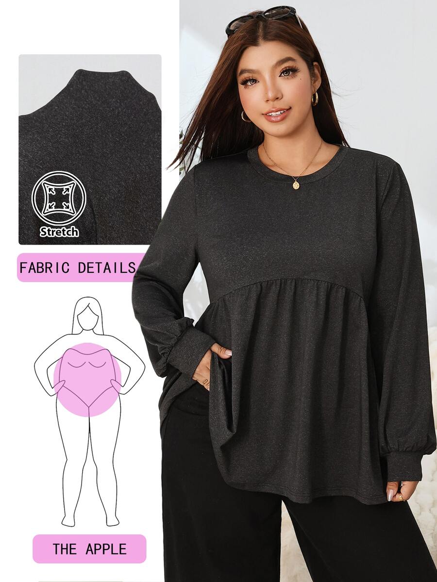 Solflare New F/W Plus Size Deep Gray Minimalist Versatile High-Stretch Knit Crew Neck Ruched Long-Sleeve Tee For Outings, School, Dates, Home & Casual Wear - Black - View 1