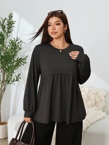 Solflare New F/W Plus Size Deep Gray Minimalist Versatile High-Stretch Knit Crew Neck Ruched Long-Sleeve Tee For Outings, School, Dates, Home & Casual Wear - Black - View 3