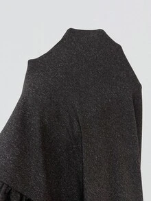 Solflare New F/W Plus Size Deep Gray Minimalist Versatile High-Stretch Knit Crew Neck Ruched Long-Sleeve Tee For Outings, School, Dates, Home & Casual Wear - Black - View 7