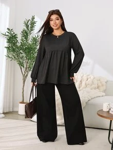 Solflare New F/W Plus Size Deep Gray Minimalist Versatile High-Stretch Knit Crew Neck Ruched Long-Sleeve Tee For Outings, School, Dates, Home & Casual Wear - Black - View 5