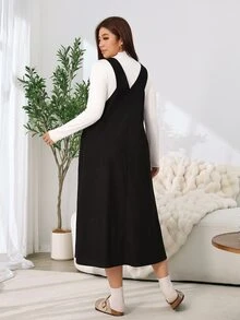 Solflare Plus Size Vacation Casual Elegant Pleated Button Dress Fall Club Formal Black Winter - Black - View 3