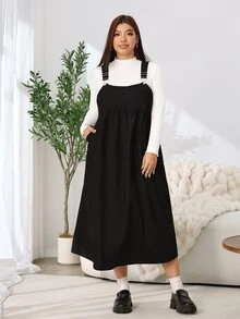 Solflare Plus Size Vacation Casual Elegant Pleated Button Dress Fall Club Formal Black Winter - Black - View 7