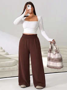 Solflare Plus Size Minimalist Elastic Waist Loose Pants For Daily Wear - Coffee Brown - View 5