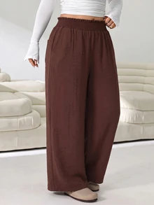 Solflare Plus Size Minimalist Elastic Waist Loose Pants For Daily Wear - Coffee Brown - View 4