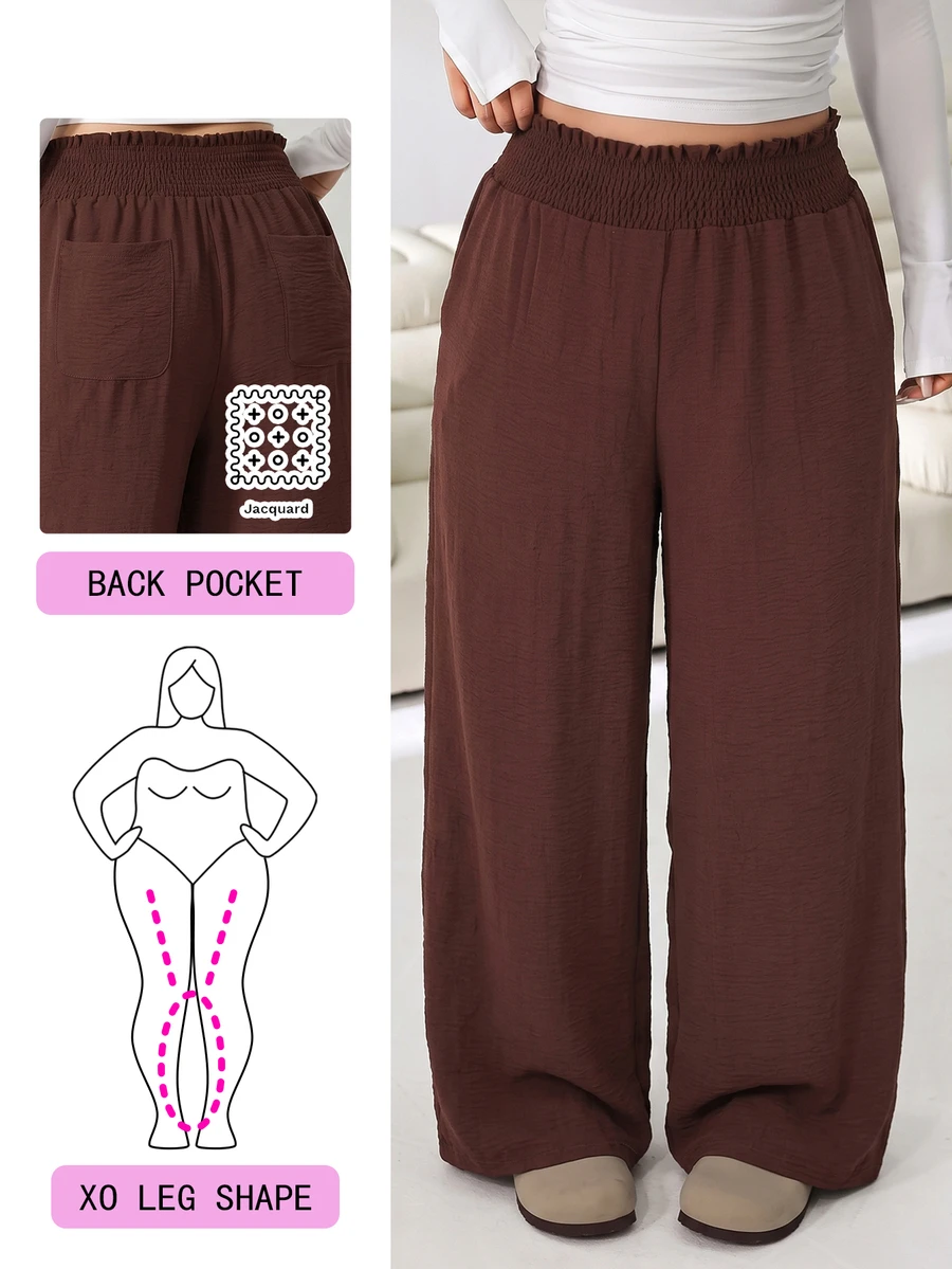Solflare Plus Size Minimalist Elastic Waist Loose Pants For Daily Wear - Coffee Brown - View 1