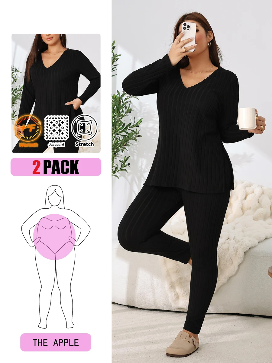 Solflare Fall/Winter Plus Size Black Warm High-Stretch Rib-Knit V-Neck Long-Sleeve Top Slim Pants 2 Pieces Set Outings Casual Baggy Homewear Vacation