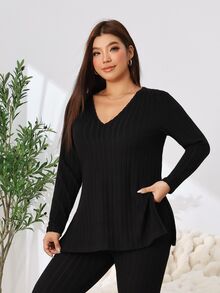 Solflare Fall/Winter Plus Size Black Warm High-Stretch Rib-Knit V-Neck Long-Sleeve Top Slim Pants 2 Pieces Set Outings Casual Baggy Homewear Vacation - Black - View 4