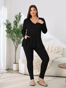 Solflare Fall/Winter Plus Size Black Warm High-Stretch Rib-Knit V-Neck Long-Sleeve Top Slim Pants 2 Pieces Set Outings Casual Baggy Homewear Vacation - Black - View 5
