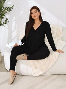 Solflare Fall/Winter Plus Size Black Warm High-Stretch Rib-Knit V-Neck Long-Sleeve Top Slim Pants 2 Pieces Set Outings Casual Baggy Homewear Vacation - Black - View 7