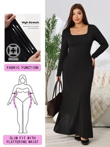 Solflare New F/W Plus Size Black Elegant Minimalist Square-Neck Long-Sleeve Mermaid Dress For Outings, School, Birthdays, Dates, Work & Daily Casual Wear - Black - View 1