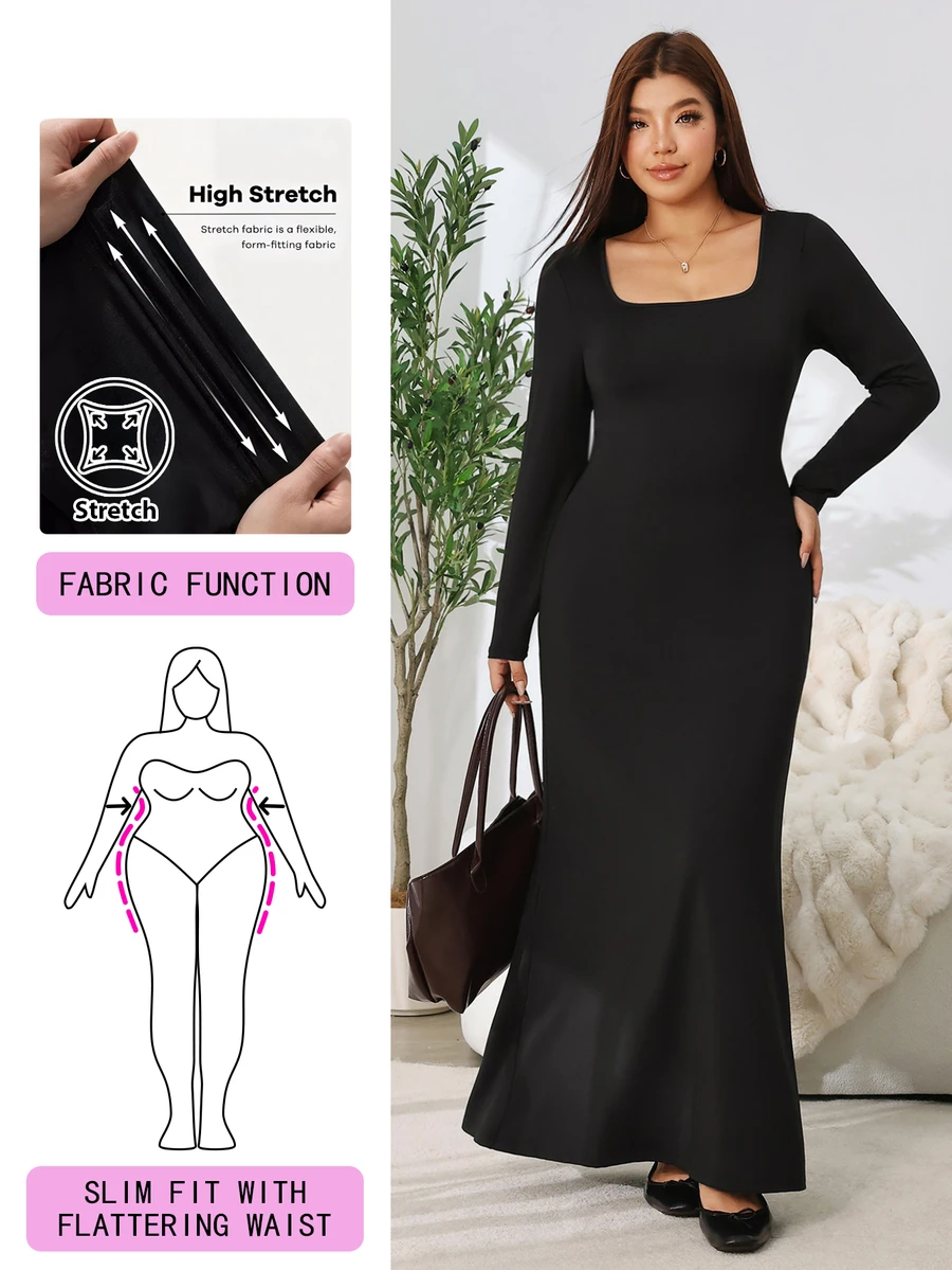 Solflare New F/W Plus Size Black Elegant Minimalist Square-Neck Long-Sleeve Mermaid Dress For Outings, School, Birthdays, Dates, Work & Daily Casual Wear - Black - View 1