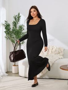 Solflare New F/W Plus Size Black Elegant Minimalist Square-Neck Long-Sleeve Mermaid Dress For Outings, School, Birthdays, Dates, Work & Daily Casual Wear - Black - View 4
