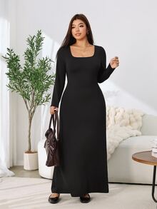 Solflare New F/W Plus Size Black Elegant Minimalist Square-Neck Long-Sleeve Mermaid Dress For Outings, School, Birthdays, Dates, Work & Daily Casual Wear - Black - View 5