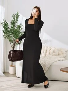 Solflare New F/W Plus Size Black Elegant Minimalist Square-Neck Long-Sleeve Mermaid Dress For Outings, School, Birthdays, Dates, Work & Daily Casual Wear - Black - View 6