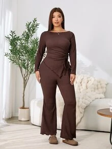 Solflare Plus Size Asymmetrical Hem Long Sleeve Top And Frill Trim Pants 2 Pieces Set - Coffee Brown - View 3