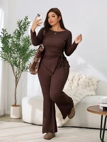 Solflare Plus Size Asymmetrical Hem Long Sleeve Top And Frill Trim Pants 2 Pieces Set - Coffee Brown - View 4