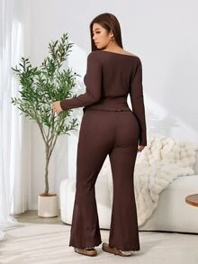 Solflare Plus Size Asymmetrical Hem Long Sleeve Top And Frill Trim Pants 2 Pieces Set - Coffee Brown - View 2